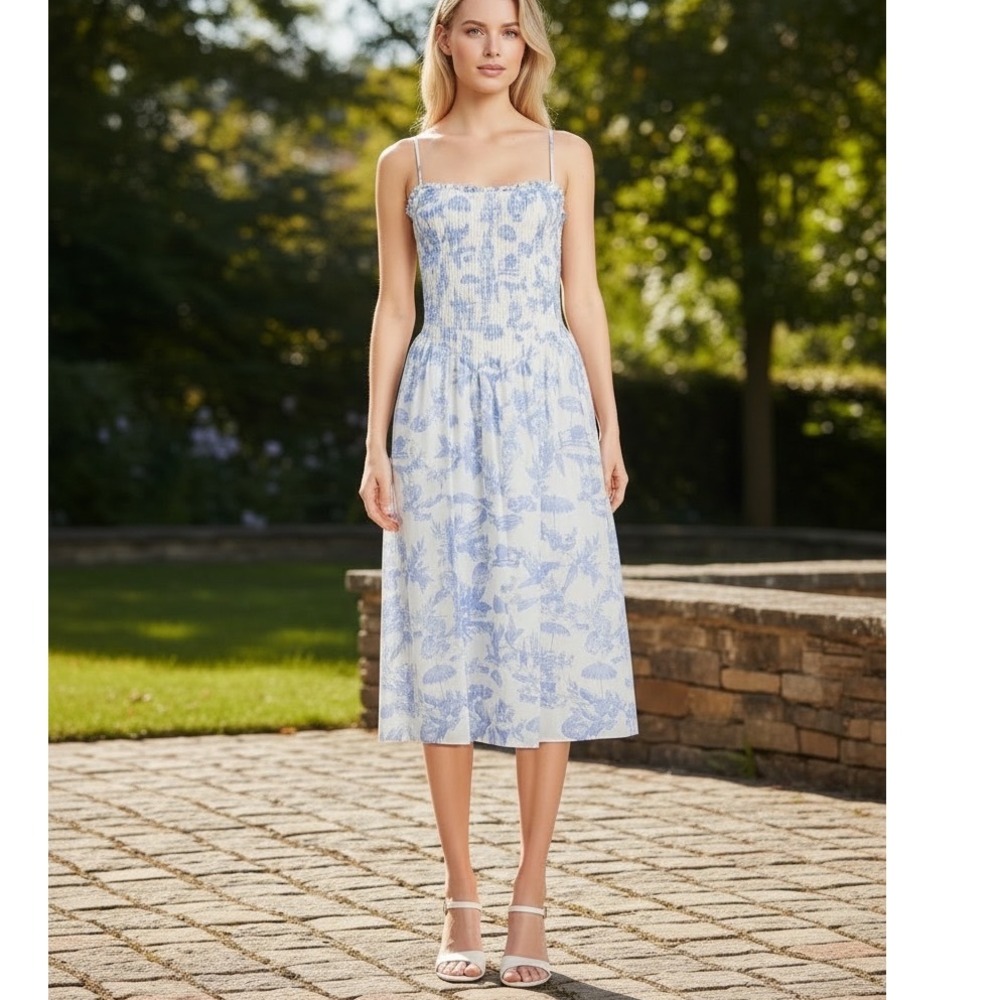 B. Darlin Women Blue White Toile Floral Smocked Midi Dress NWT Size 11/12
